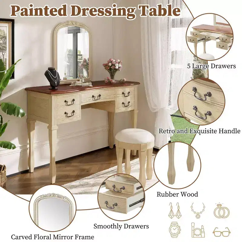 Coiffeuse Vintage, Table de Maquillage avec Miroir Incurvé à Cadre Floral, 5 Tiroirs et Tabouret en Cuir - Brun et Blanc Antique
