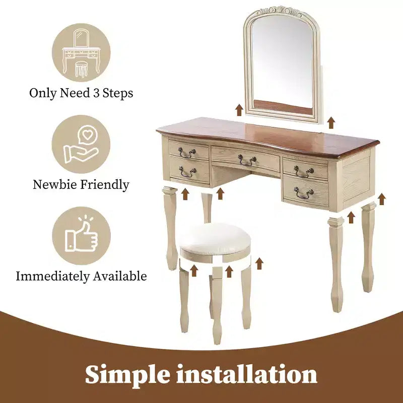 Coiffeuse Vintage, Table de Maquillage avec Miroir Incurvé à Cadre Floral, 5 Tiroirs et Tabouret en Cuir - Brun et Blanc Antique