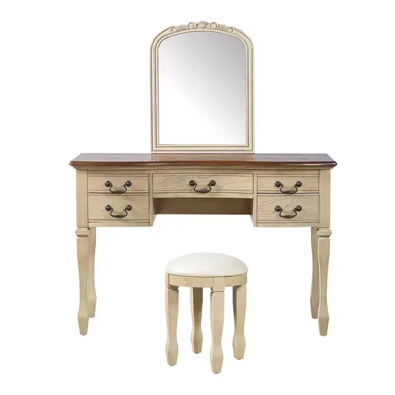 Coiffeuse Vintage, Table de Maquillage avec Miroir Incurvé à Cadre Floral, 5 Tiroirs et Tabouret en Cuir - Brun et Blanc Antique