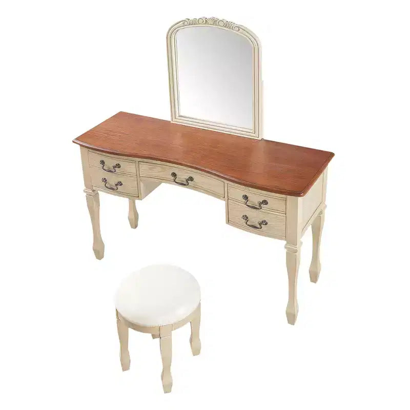 Coiffeuse Vintage, Table de Maquillage avec Miroir Incurvé à Cadre Floral, 5 Tiroirs et Tabouret en Cuir - Brun et Blanc Antique