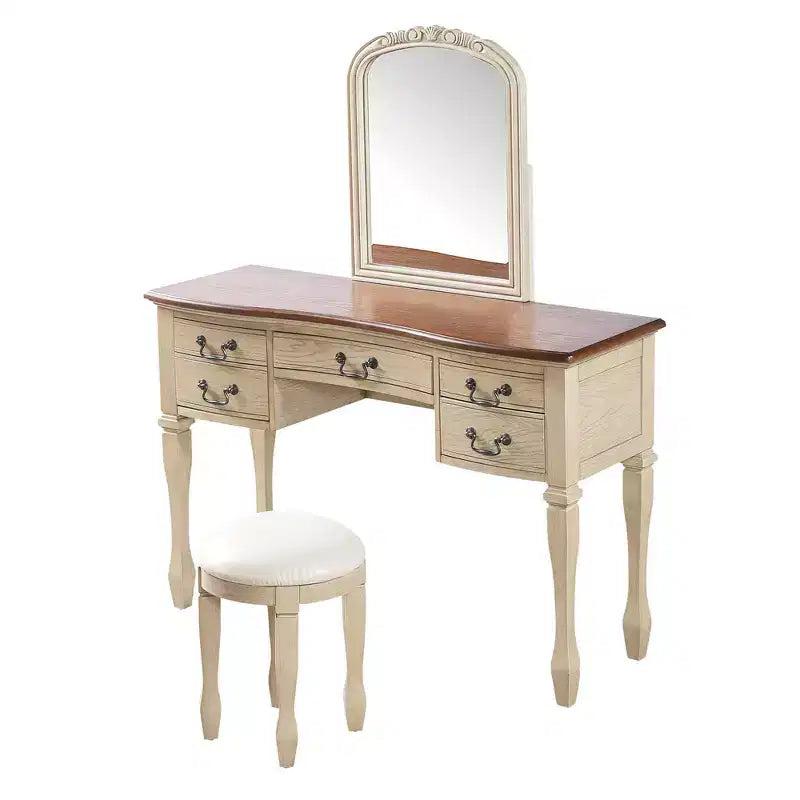 Coiffeuse Vintage, Table de Maquillage avec Miroir Incurvé à Cadre Floral, 5 Tiroirs et Tabouret en Cuir - Brun et Blanc Antique
