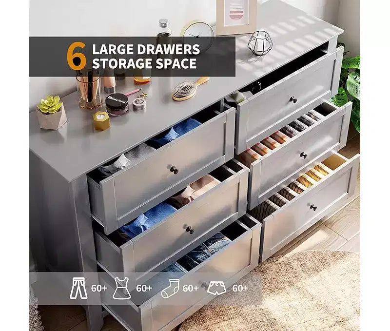 Commode à 6 tiroirs pour chambre à coucher, grande commode de 54 pouces de large avec tiroirs profonds et poignées en métal, commodes modernes en bois pour entrée, couloir