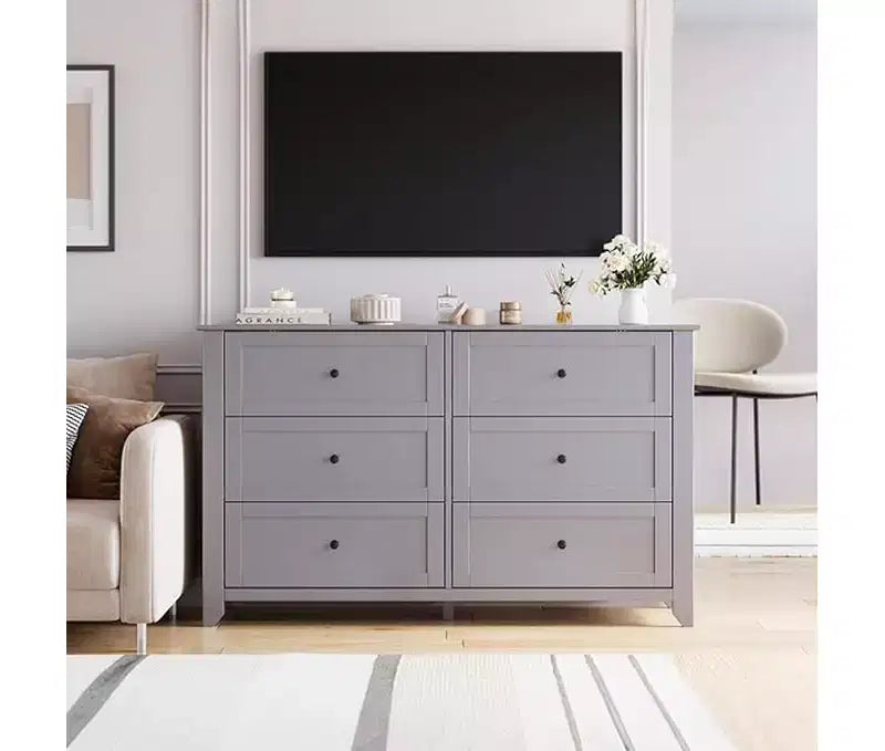 Commode à 6 tiroirs pour chambre à coucher, grande commode de 54 pouces de large avec tiroirs profonds et poignées en métal, commodes modernes en bois pour entrée, couloir