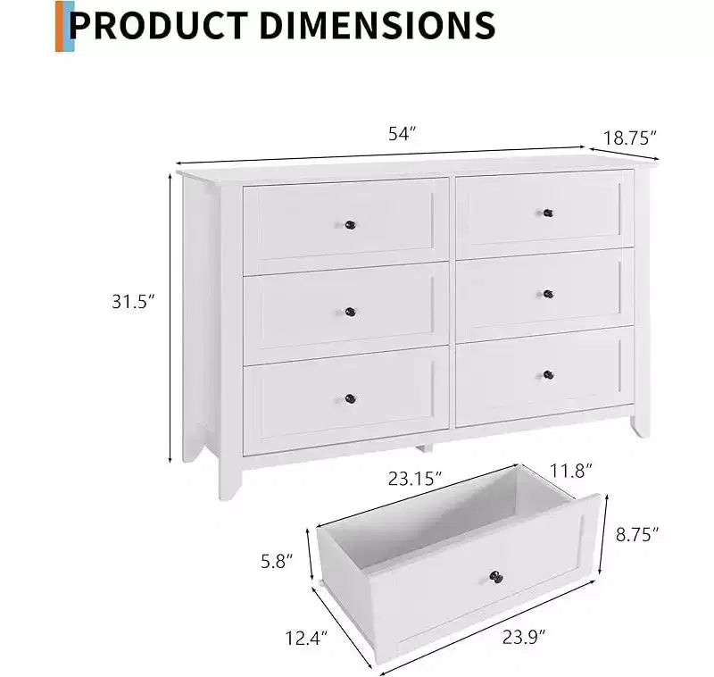 Commode à 6 tiroirs pour chambre à coucher, grande commode de 54 pouces de large avec tiroirs profonds et poignées en métal, commodes modernes en bois pour entrée, couloir