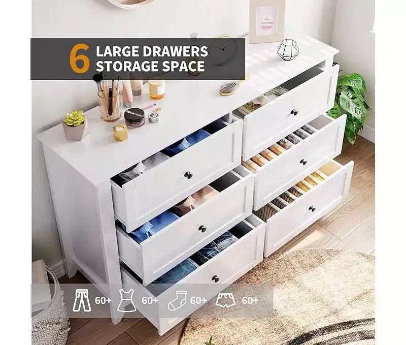 Commode à 6 tiroirs pour chambre à coucher, grande commode de 54 pouces de large avec tiroirs profonds et poignées en métal, commodes modernes en bois pour entrée, couloir