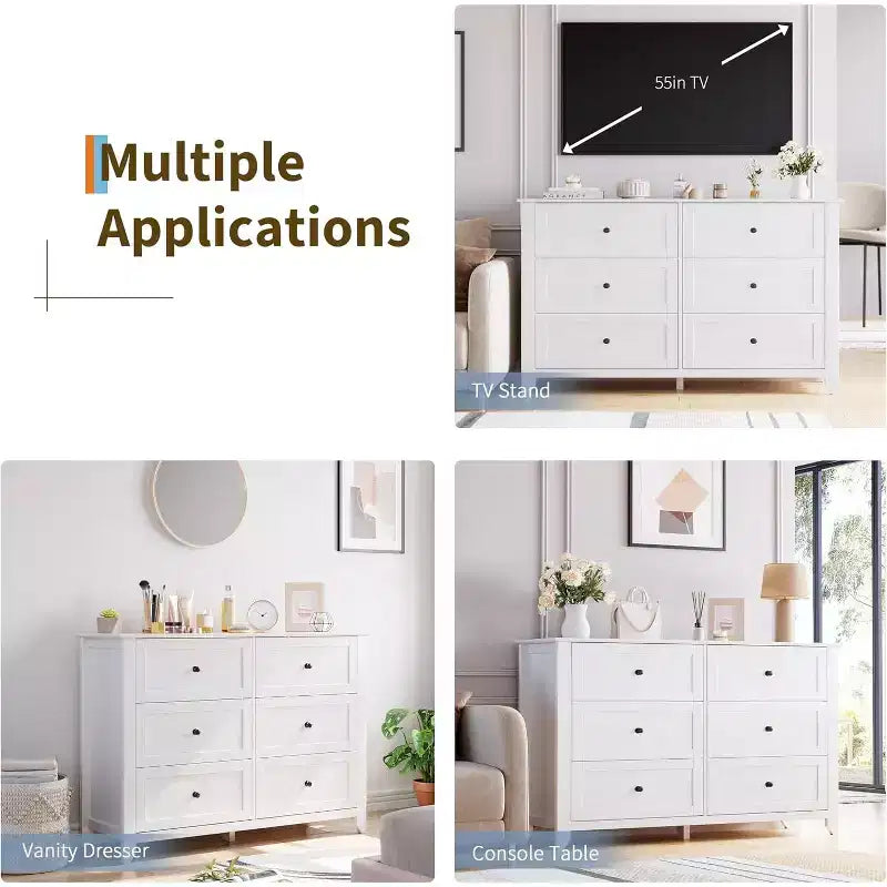 Commode à 6 tiroirs pour chambre à coucher, grande commode de 54 pouces de large avec tiroirs profonds et poignées en métal, commodes modernes en bois pour entrée, couloir