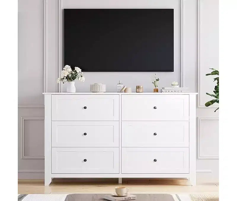 Commode à 6 tiroirs pour chambre à coucher, grande commode de 54 pouces de large avec tiroirs profonds et poignées en métal, commodes modernes en bois pour entrée, couloir