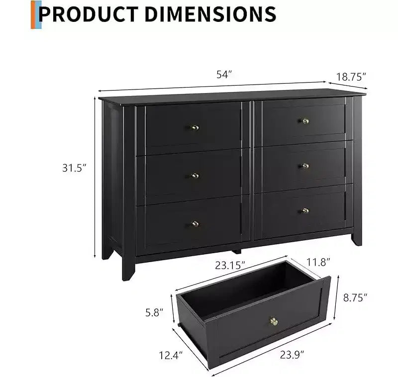 Commode à 6 tiroirs pour chambre à coucher, grande commode de 54 pouces de large avec tiroirs profonds et poignées en métal, commodes modernes en bois pour entrée, couloir