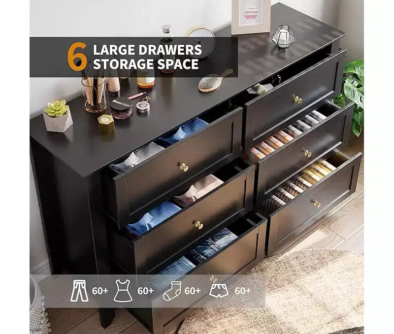 Commode à 6 tiroirs pour chambre à coucher, grande commode de 54 pouces de large avec tiroirs profonds et poignées en métal, commodes modernes en bois pour entrée, couloir