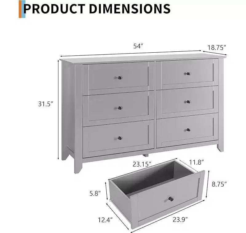 Commode à 6 tiroirs pour chambre à coucher, grande commode de 54 pouces de large avec tiroirs profonds et poignées en métal, commodes modernes en bois pour entrée, couloir