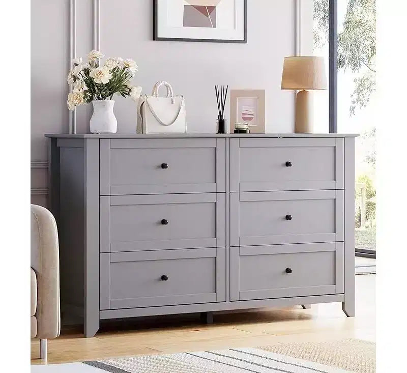 Commode à 6 tiroirs pour chambre à coucher, grande commode de 54 pouces de large avec tiroirs profonds et poignées en métal, commodes modernes en bois pour entrée, couloir