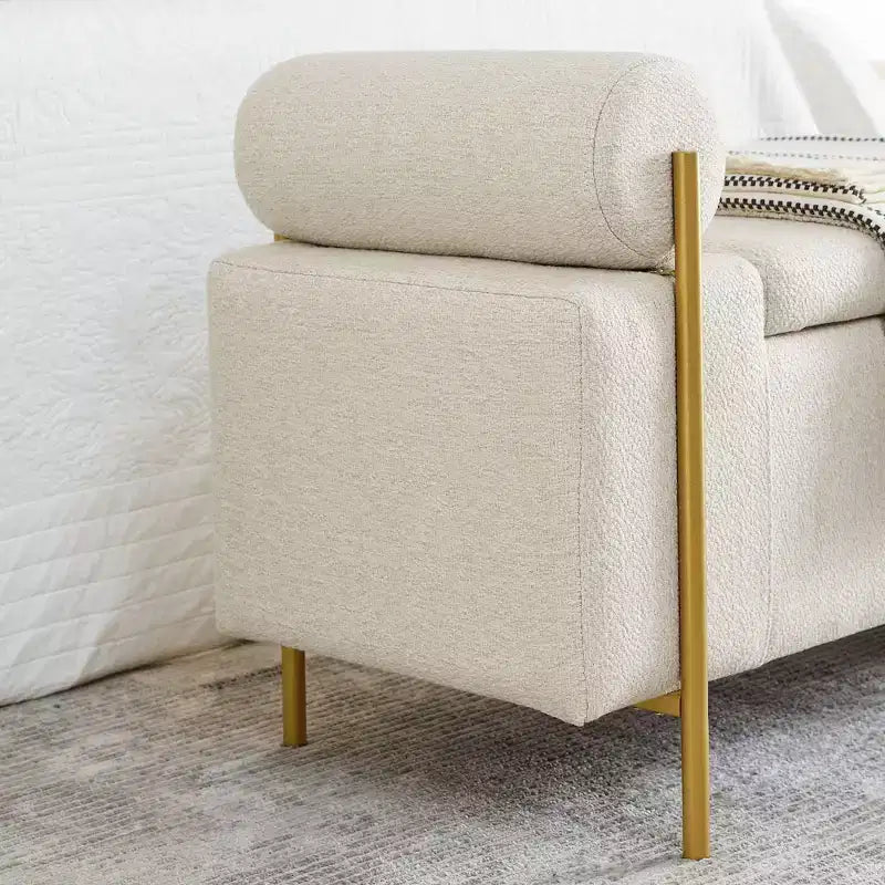 Banc de rangement élégant avec accoudoirs cylindriques, banc de bout de lit rembourré avec pieds en fer, banc d'entrée pour salon, chambre à coucher