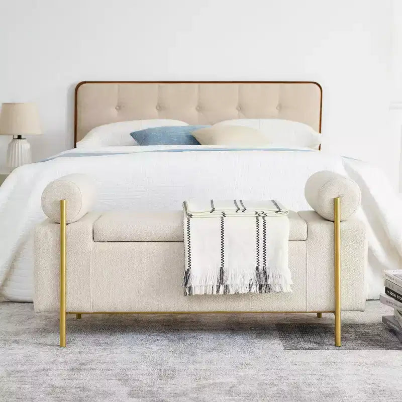 Banc de rangement élégant avec accoudoirs cylindriques, banc de bout de lit rembourré avec pieds en fer, banc d'entrée pour salon, chambre à coucher