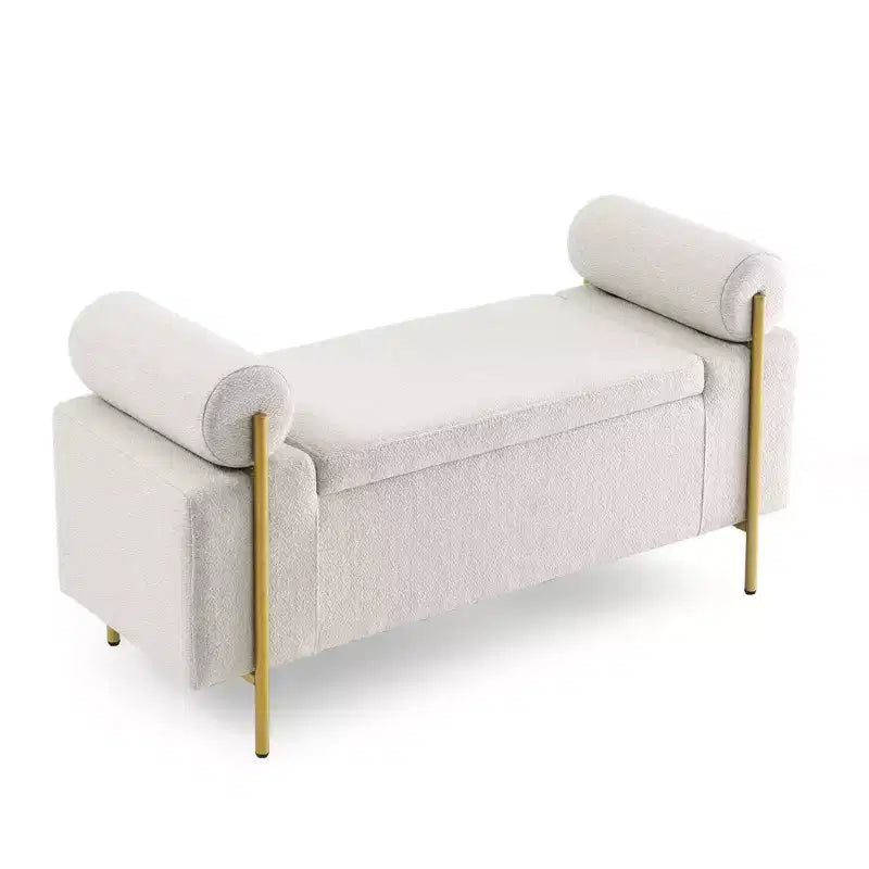 Banc de rangement élégant avec accoudoirs cylindriques, banc de bout de lit rembourré avec pieds en fer, banc d'entrée pour salon, chambre à coucher
