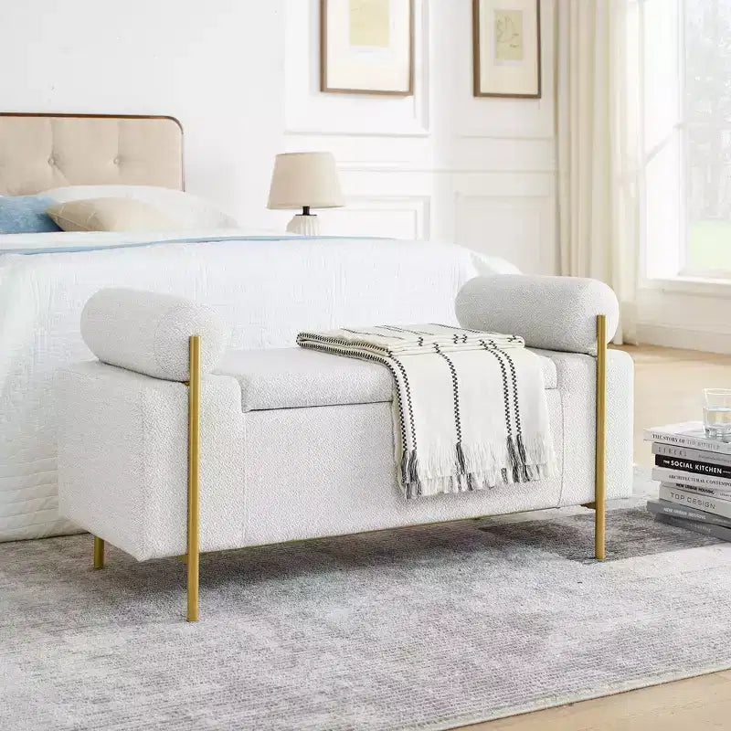 Banc de rangement élégant avec accoudoirs cylindriques, banc de bout de lit rembourré avec pieds en fer, banc d'entrée pour salon, chambre à coucher
