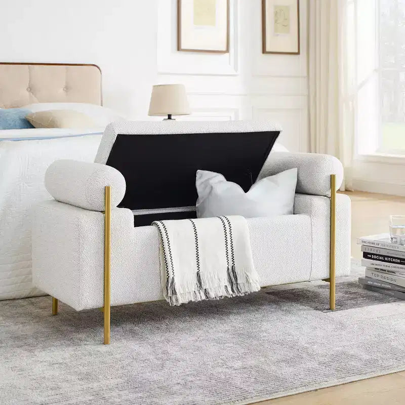 Banc de rangement élégant avec accoudoirs cylindriques, banc de bout de lit rembourré avec pieds en fer, banc d'entrée pour salon, chambre à coucher