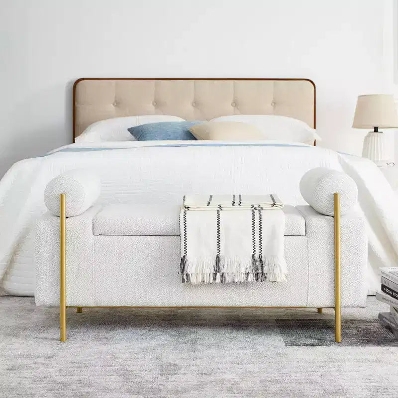 Banc de rangement élégant avec accoudoirs cylindriques, banc de bout de lit rembourré avec pieds en fer, banc d'entrée pour salon, chambre à coucher