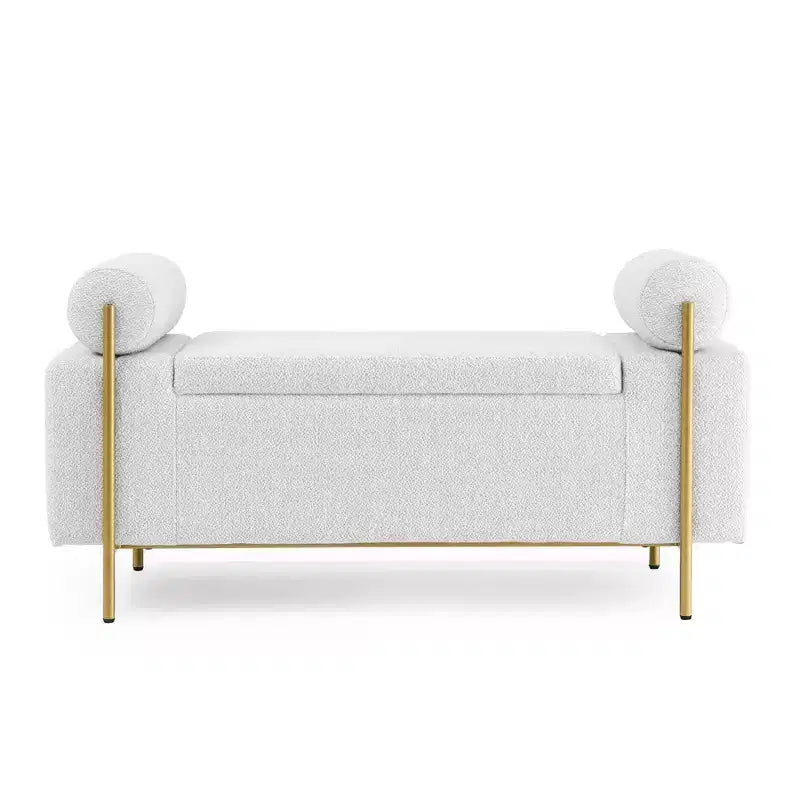 Banc de rangement élégant avec accoudoirs cylindriques, banc de bout de lit rembourré avec pieds en fer, banc d'entrée pour salon, chambre à coucher