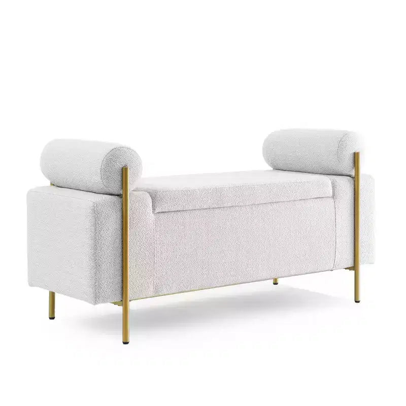Banc de rangement élégant avec accoudoirs cylindriques, banc de bout de lit rembourré avec pieds en fer, banc d'entrée pour salon, chambre à coucher