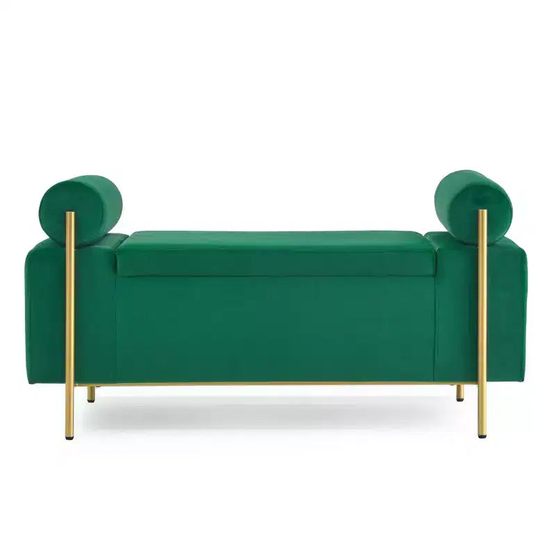 Banc de rangement élégant avec accoudoirs cylindriques, banc de bout de lit rembourré avec pieds en fer, banc d'entrée pour salon, chambre à coucher