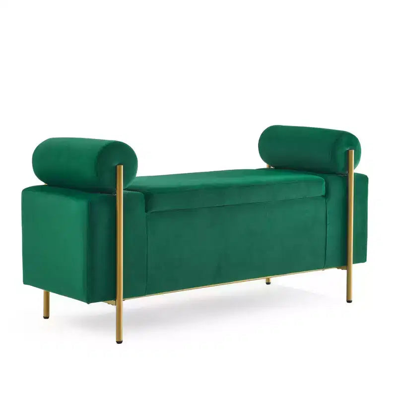 Banc de rangement élégant avec accoudoirs cylindriques, banc de bout de lit rembourré avec pieds en fer, banc d'entrée pour salon, chambre à coucher