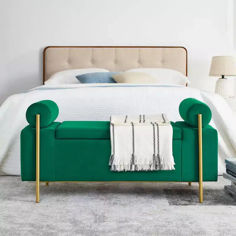 Banc de rangement élégant avec accoudoirs cylindriques, banc de bout de lit rembourré avec pieds en fer, banc d'entrée pour salon, chambre à coucher