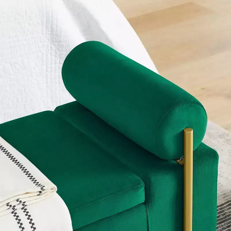 Banc de rangement élégant avec accoudoirs cylindriques, banc de bout de lit rembourré avec pieds en fer, banc d'entrée pour salon, chambre à coucher