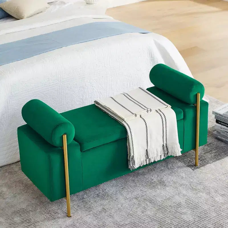 Banc de rangement élégant avec accoudoirs cylindriques, banc de bout de lit rembourré avec pieds en fer, banc d'entrée pour salon, chambre à coucher