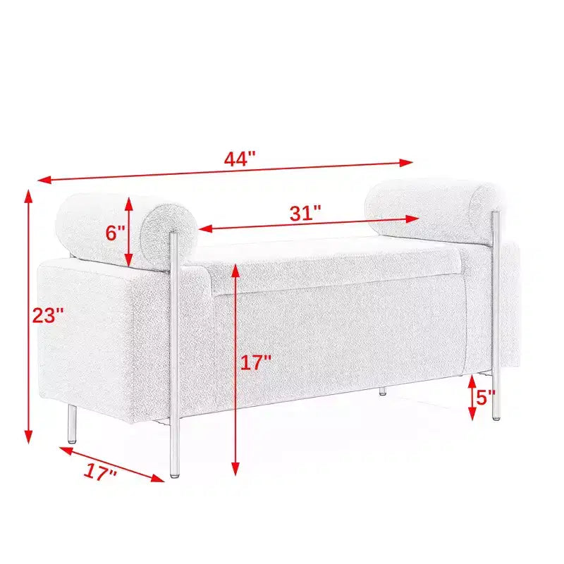 Banc de rangement élégant avec accoudoirs cylindriques, banc de bout de lit rembourré avec pieds en fer, banc d'entrée pour salon, chambre à coucher