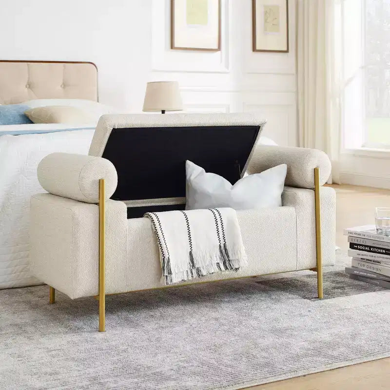 Banc de rangement élégant avec accoudoirs cylindriques, banc de bout de lit rembourré avec pieds en fer, banc d'entrée pour salon, chambre à coucher