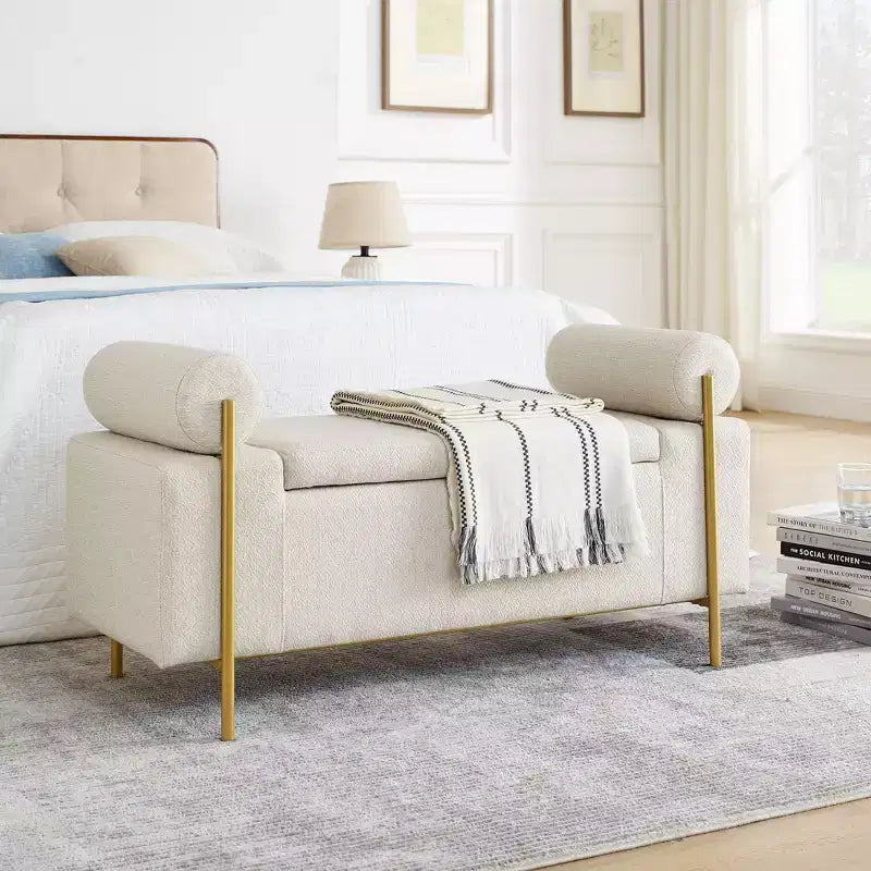 Banc de rangement élégant avec accoudoirs cylindriques, banc de bout de lit rembourré avec pieds en fer, banc d'entrée pour salon, chambre à coucher