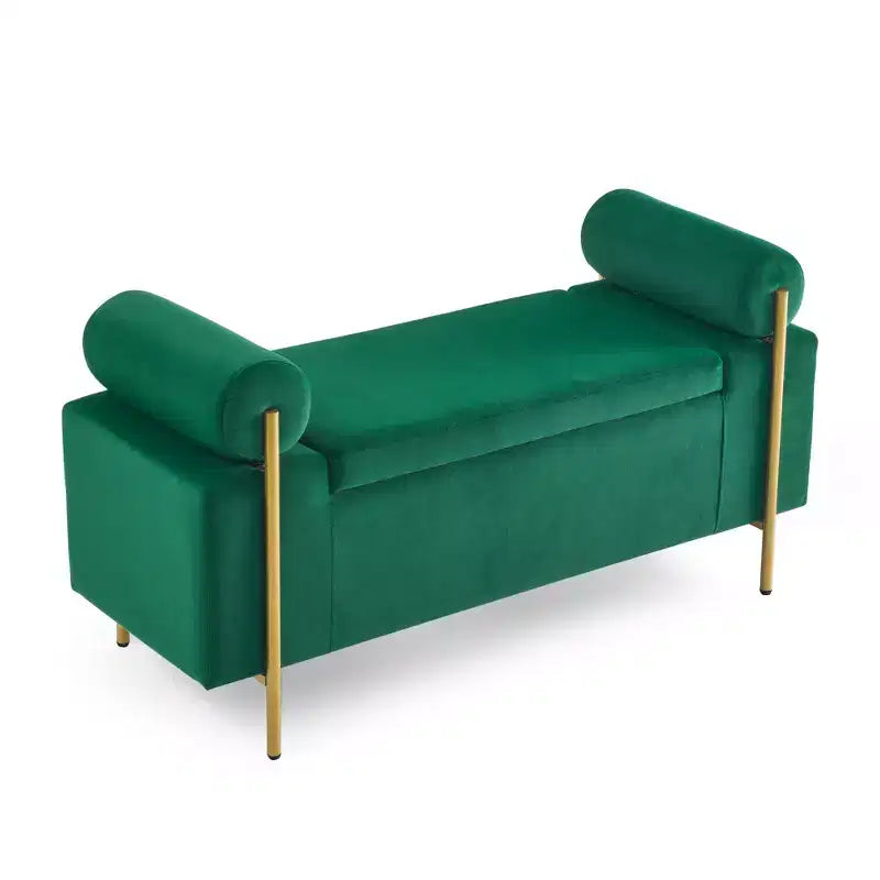 Banc de rangement élégant avec accoudoirs cylindriques, banc de bout de lit rembourré avec pieds en fer, banc d'entrée pour salon, chambre à coucher