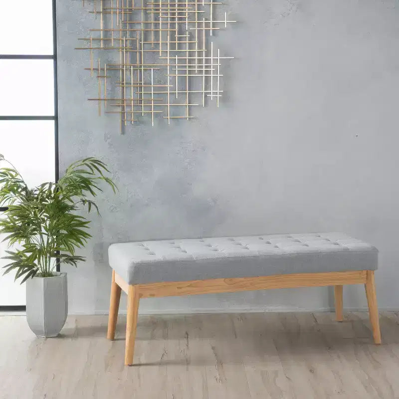 Banc d'entrée moderne Okak avec cadre en bois, pouf repose-pieds avec siège rembourré, banc de bout de lit pour salon, chambre à coucher