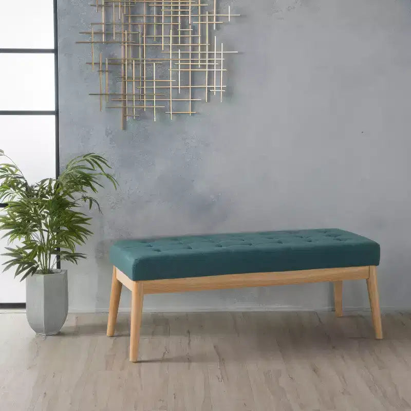 Banc d'entrée moderne Okak avec cadre en bois, pouf repose-pieds avec siège rembourré, banc de bout de lit pour salon, chambre à coucher