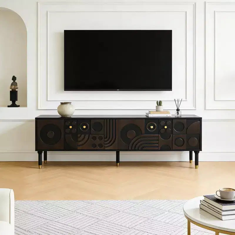 Meuble TV de style médiéval de 170 cm avec portes d'armoire sculptées, meuble de divertissement moderne pour téléviseurs de moins de 80 pouces