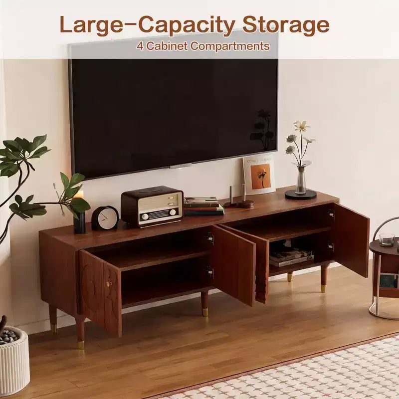 Meuble TV de style médiéval de 170 cm avec portes d'armoire sculptées, meuble de divertissement moderne pour téléviseurs de moins de 80 pouces