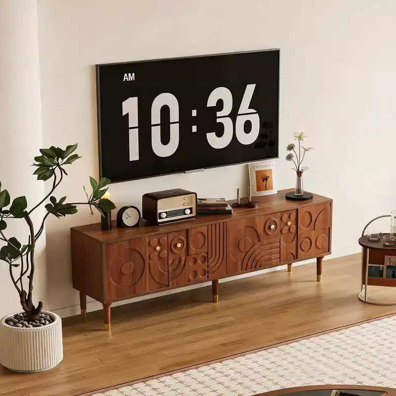 Meuble TV de style médiéval de 170 cm avec portes d'armoire sculptées, meuble de divertissement moderne pour téléviseurs de moins de 80 pouces