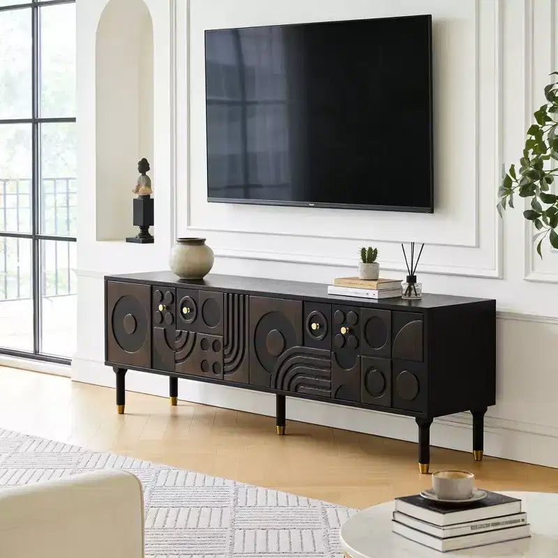 Meuble TV de style médiéval de 170 cm avec portes d'armoire sculptées, meuble de divertissement moderne pour téléviseurs de moins de 80 pouces