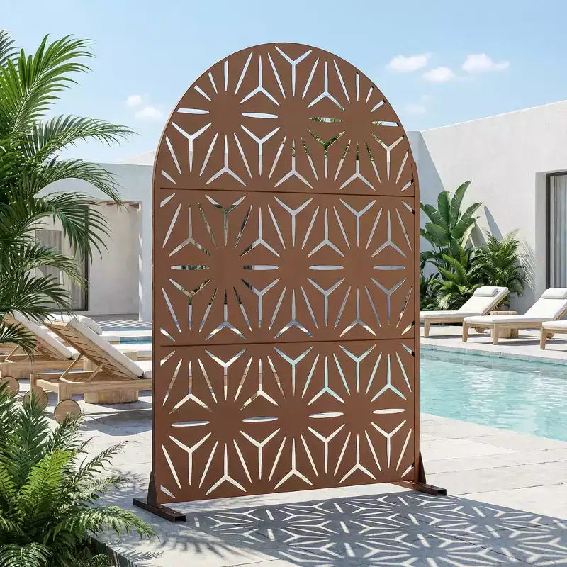 Dovelina 72H x 47W Arched Outdoor Metal Privacy Screen Freestanding Fence Panels in Light Gray/Brown for Garden Patio Deck Yard
