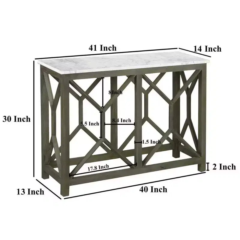 Console de canapé de 104 cm, dessus en marbre véritable blanc, cadre géométrique en bois de manguier gris cendré sablé
