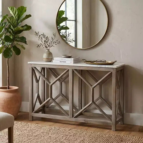 Console de canapé de 104 cm, dessus en marbre véritable blanc, cadre géométrique en bois de manguier gris cendré sablé