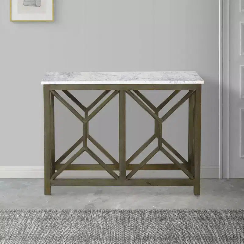 Console de canapé de 104 cm, dessus en marbre véritable blanc, cadre géométrique en bois de manguier gris cendré sablé