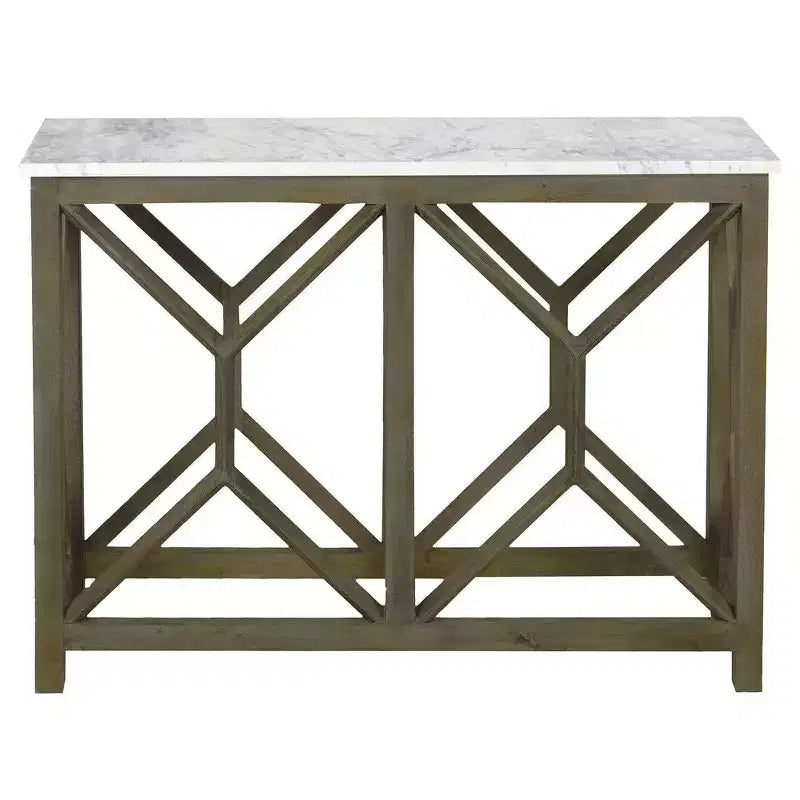 Console de canapé de 104 cm, dessus en marbre véritable blanc, cadre géométrique en bois de manguier gris cendré sablé