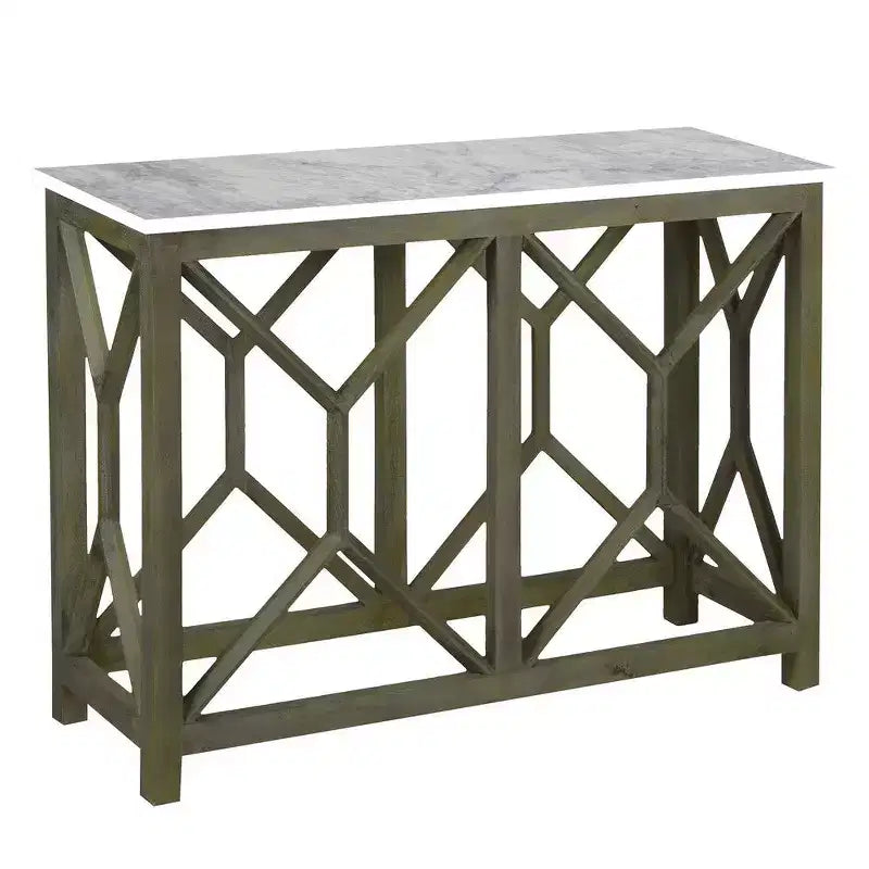 Console de canapé de 104 cm, dessus en marbre véritable blanc, cadre géométrique en bois de manguier gris cendré sablé