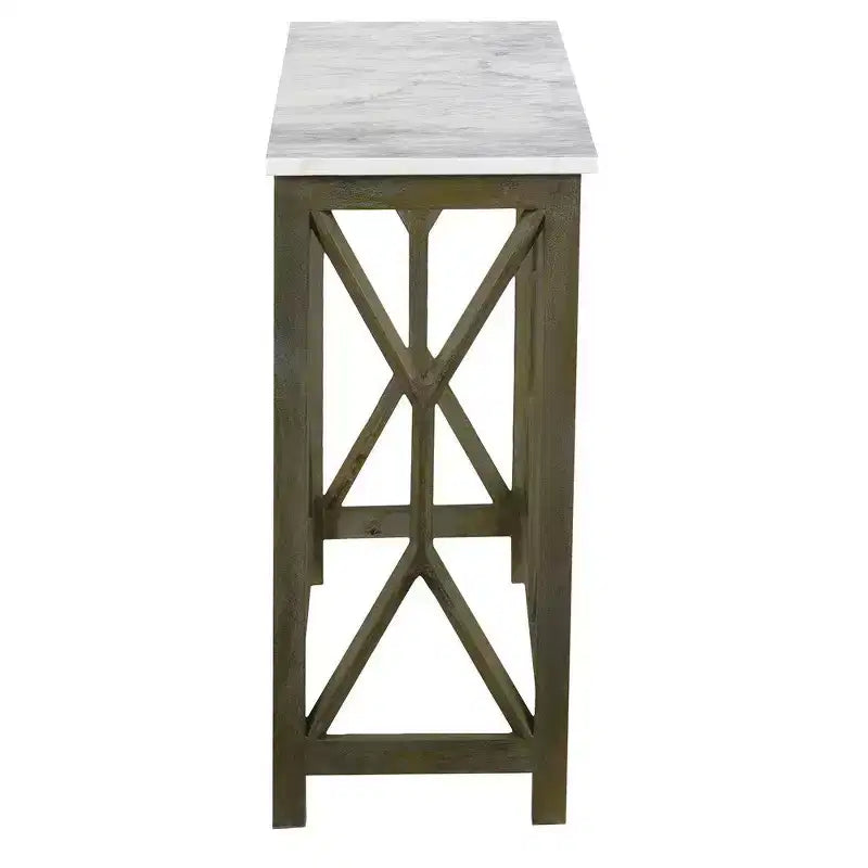 Console de canapé de 104 cm, dessus en marbre véritable blanc, cadre géométrique en bois de manguier gris cendré sablé