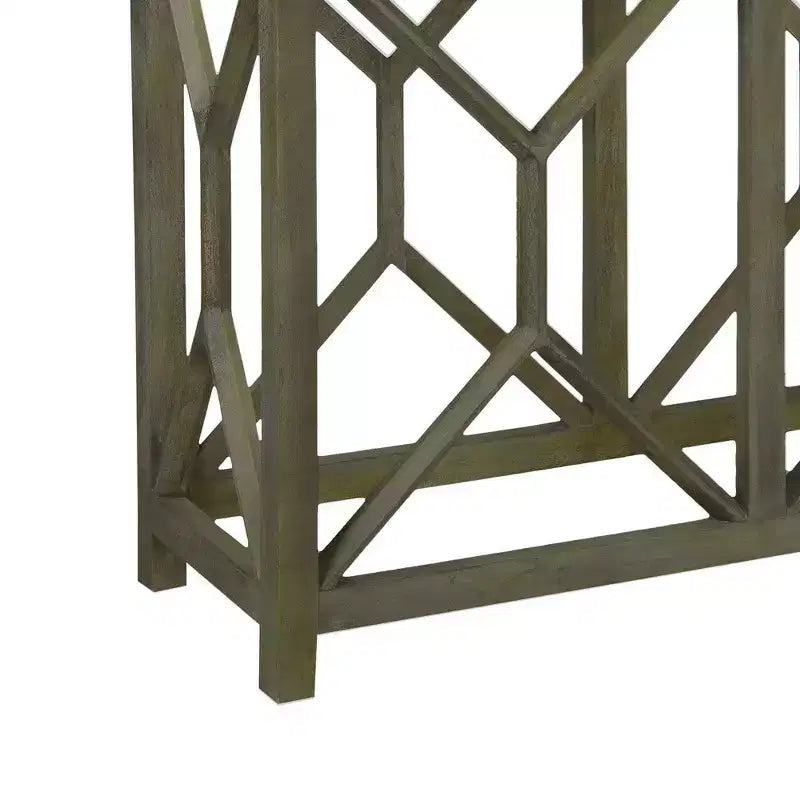 Console de canapé de 104 cm, dessus en marbre véritable blanc, cadre géométrique en bois de manguier gris cendré sablé