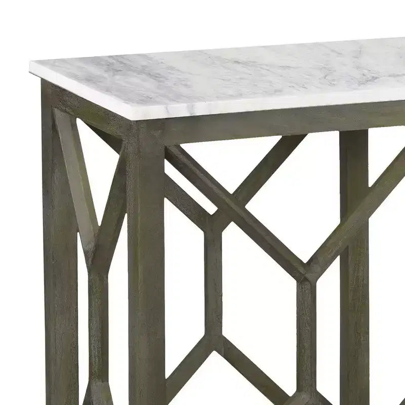 Console de canapé de 104 cm, dessus en marbre véritable blanc, cadre géométrique en bois de manguier gris cendré sablé