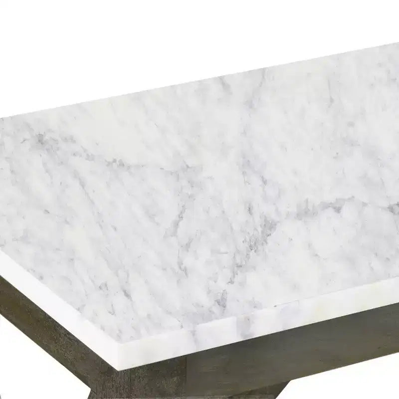 Console de canapé de 104 cm, dessus en marbre véritable blanc, cadre géométrique en bois de manguier gris cendré sablé