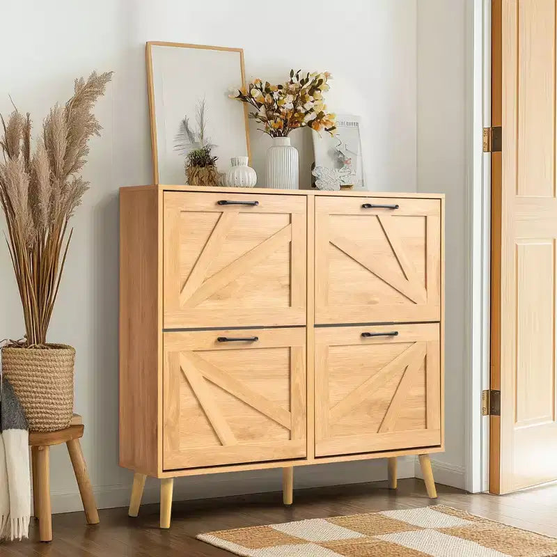 Karl Home Barn Door 4 Flip Black Handles Glued Particleboard Embossed Natural Legs Shoe Cabinet 41.7In Natural Wood