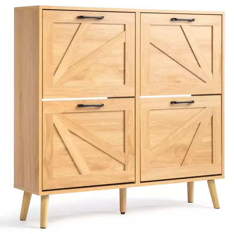 Porte de grange 4 poignées noires charnière panneau de particules gaufré pieds naturels meuble à chaussures 106 cm bois naturel